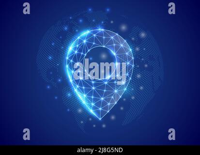 Location pin 3d low poly symbol with world map background. Gps navigation concept design illustration. Delivery polygonal symbol with connected dots Stock Vector