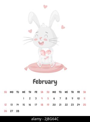 Calendar page for the month of February 2023 with a cute rabbit sitting on a pink pillow and holding a heart. Valentine's Day. Adorable animal, charac Stock Vector