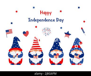 Patriotic gnomes of American flag colors are holding rocket, US flag, star and heart in their hands. Symbols of the celebration of the Independence Da Stock Vector