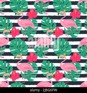 Summer seamless pattern with pink flamingo in a crown and sunglasses, monstera leaves, hibiscus flowers. Bright vector illustrations in a flat cartoon Stock Vector