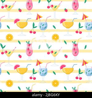 Summer seamless pattern with bright cocktails, cold drinks with fruits and berries, cherries, raspberries, oranges. Vector illustrations in flat carto Stock Vector