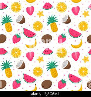 Bright summer seamless pattern with exotic, tropical fruits, berries and flowers. Orange, pineapple, watermelon, banana. Vector illustrations in a fla Stock Vector