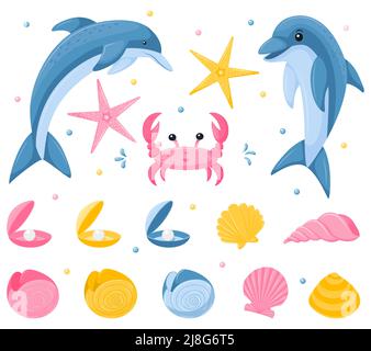 A set of marine underwater animals. Dolphins, crab, seashells and starfish. Cute characters in a flat, cartoon style. Vector illustrations isolated on Stock Vector