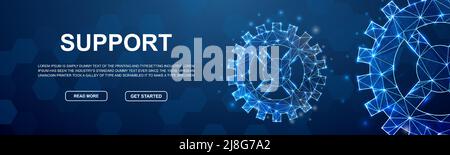 Gear polygonal horizontal banner. Technology low poly symbol for head promotion banner. Gear wheel design template illustration concept. Stock Vector