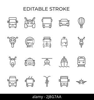 Transport front view line icons. Cars, aircraft and motorcycles are also other types. Used for carsharing, rental and travel. Isolated vector illustration on a white background. Editable stroke. Stock Vector