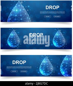Set of three Water drop horizontal banners. Horizontal illustration for homepage design, promo banner. Oil drop low poly symbols with connected dots Stock Vector