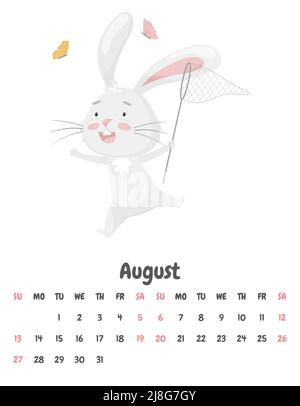 Calendar page for the month of August 2023 with a cute funny rabbit catching butterflies with a net. Adorable animal, a character in pastel colors. Ch Stock Vector