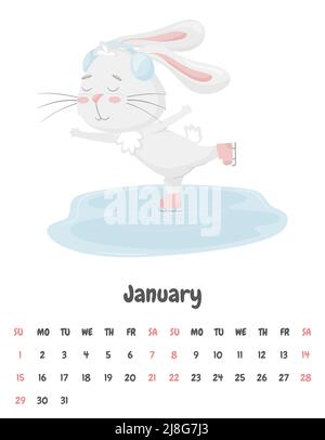 Calendar page for the month of January 2023 with a cute rabbit skating on an ice rink wearing headphones. Adorable animal, a character in pastel color Stock Vector