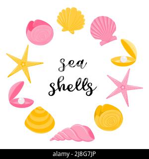 Round pink-yellow frame of marine aquatic animals, spiral shells, nautilus, starfish, pearl clam. Flat cartoon style. Vector illustrations isolated on Stock Vector