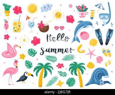 A set of bright summer decorative elements. Cocktails, botanical elements, marine animals, flamingo shells. Cute vector illustrations in Flat cartoon Stock Vector