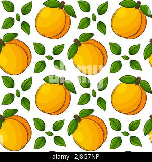 Bright juicy summer fruit seamless pattern. Hand-drawn fruit with an outline.Apricots, peaches with leaves. For summer textiles, food packaging, napki Stock Vector