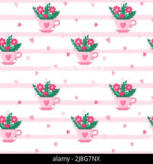 A bright seamless pattern of floral arrangement in a pink tea cup with a heart. A festive, cute, summer bouquet with simple flowers. Vector illustrati Stock Vector