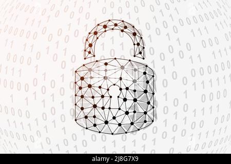 Lock 3d low poly symbol with binary code background. Antivirus design vector illustration. Cyber security polygonal symbol with connected dots. Stock Vector