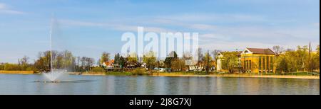 Elk, Poland - May 1, 2022: Panoramic view of Elk town center at Jezioro Elckie lake shore in Masuria region of Poland Stock Photo