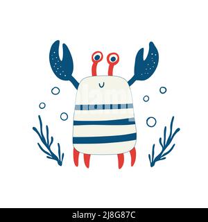 Cute red crab with funny eyes and claws. Childish colored vector illustration of funny smiling lobster. Design for greeting card and invitation Stock Vector
