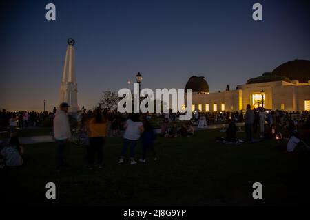 A crowd gathered at the Griffith Park Observatory in Los Angeles, California to watch the total lunar eclipse on Sunday May 15, 2022 Stock Photo