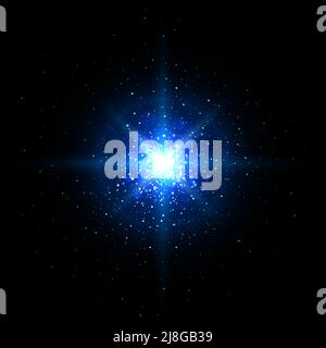 Bright blue star cluster, galaxy. Lens flare. Glowing blue stars in dark space. Shining galaxy in depths of space. Shiny abstract bokeh. Background Stock Vector