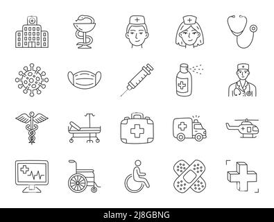 Medical hospital doodle illustration including icons - doctor, nurse, ambulance, wheelchair, caduceus, spray, syringe, bowl of hygeia, pharmacy. Thin Stock Vector