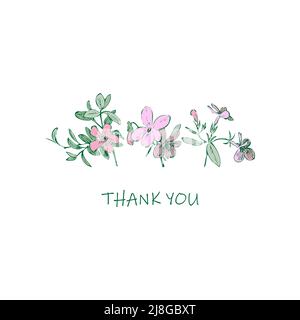 Wedding invitation floral card. Wildflowers, stems, leaves in pastel green pink colors on white background. Vector illustration, greeting card, logo, Stock Vector