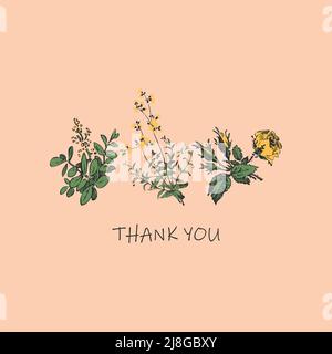 Wedding invitation floral card. Wildflowers, stems, leaves and rose flowers in green yellow colors on beige background. Vector illustration, greeting Stock Vector
