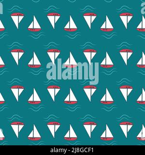 Summer nautical pattern with ships and waves on blue background. Cute print with marine objects. Design for wrapping paper, stationery and textiles. Vector flat illustration Stock Vector