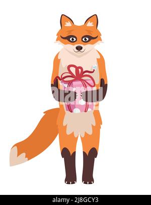Fox holding gift. Animal in cartoon style. Stock Vector
