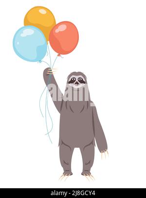 Sloth holding balloons. Animal in cartoon style. Stock Vector