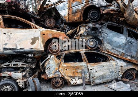 Irpin, Ukraine. 15th May, 2022. Cars destoyed during fighting in Irpin. (Photo by Michael Brochstein/Sipa USA) Credit: Sipa USA/Alamy Live News Stock Photo
