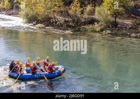 White water rafting experience on the rapids of river Manavgat in Turkey. Stock Photo