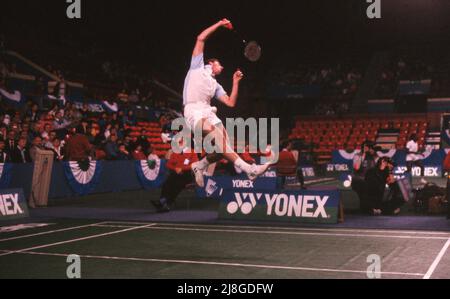 Morten Frost of Denmark in action during the Yonex All-England Badminton Championships, Wembley, London March 1988 Photo by Tony Henshaw Stock Photo