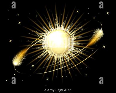 Sun stars and Comets Esoteric Symbols on black background. Vintage vector Illustration in Engraving Style Stock Vector
