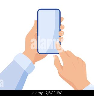 A man holds a smartphone in his hands and uses a empty screen. Stock Vector