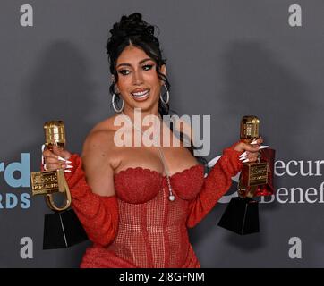 Las Vegas, United States. 16th May, 2022. Kali Uchis appears backstage with her two awards during the annual Billboard Music Awards held at the MGM Grand Garden Arena in Las Vegas on May 15, 2022. The musician was honored asTop Latin Female Artist and for Top Latin Song for 'telepatía'. Photo by Jim Ruymen/UPI Credit: UPI/Alamy Live News Stock Photo