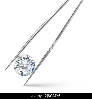 Large Diamond in Tongs on White Background Stock Photo