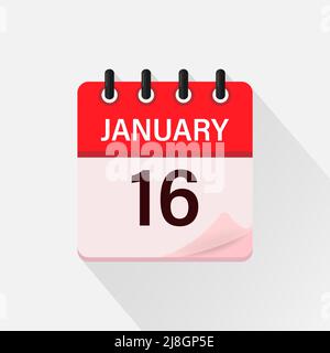 January 16, Calendar icon with shadow. Day, month. Flat vector illustration. Stock Vector