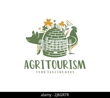 Agritourism, beehive, forbs, pig and rooster, logo design. Agriculture, farming, beekeeping, animal husbandry and poultry farming, vector design Stock Vector