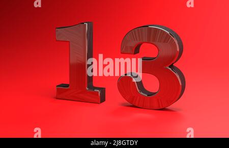 number 13 made of steel on a red background. 3D render. Stock Photo