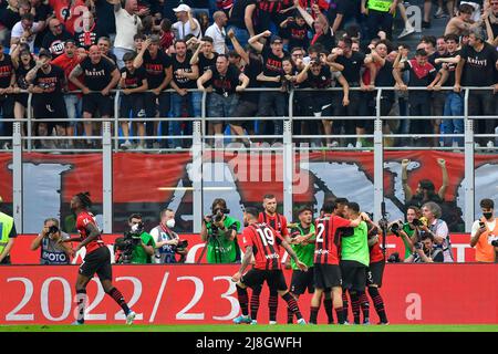 Milano, Italy. 15th May, 2022. Rafael Leao (17) of AC Milan scores for 1-0 during the Serie A match between AC Milan and Atalanta at San Siro in Milano. (Photo Credit: Gonzales Photo/Alamy Live News Stock Photo