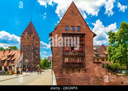 Lovely view from the bridge Spitalbrücke to the Schuldturm (Debtors' Tower) on the left and on the right the home for the elderly, a part of the... Stock Photo