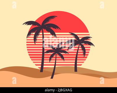 Palm trees on the background of the desert. Summer time. Retro futuristic sun. Wavy desert landscape. Design for banners, posters and promotional item Stock Vector