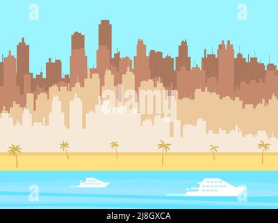 Outline of the city with palm trees and the beach. City view from the beach. Yachts in the background of the city. Design for posters, banners and pro Stock Vector
