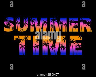 Summer time. Text with palm trees on a sunset. 80s retro design for banner, poster and party invitations. Vector illustration Stock Vector