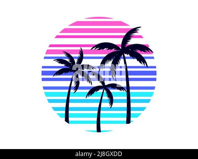 Outlines of palm trees and retro sun in 80s style isolated on white background. Tropical banner with palm trees for print advertising banners and post Stock Vector