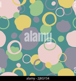 Seamless vector pattern with colourful splodges on green background. Happy paint texture wallpaper design. Decorative fashion textile art. Stock Vector
