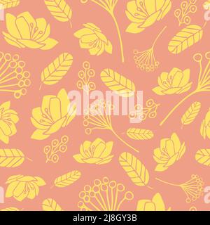 Seamless vector pattern with yellow flowers and leaves on light pink background. Simple floral wallpaper design. Gentle elegance fabric fashion. Stock Vector