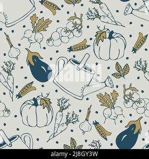 Seamless vector pattern with hand drawn vegetables on off white background. Simple repeat summer garden wallpaper design. Stock Vector
