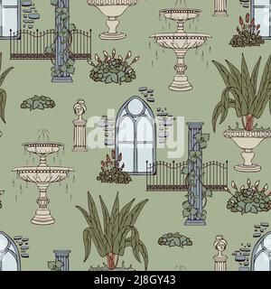 Seamless vector pattern with Victorian greenhouse on green background. Romantic royal garden wallpaper design. Decorative culture fashion textile. Stock Vector