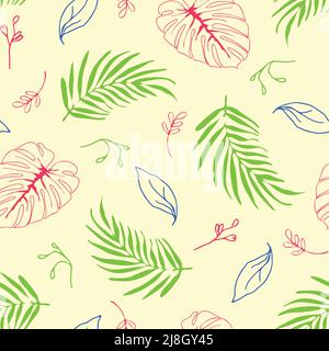 Seamless vector pattern with tropical leaves on light green background. Simple hand drawn summer jungle wallpaper design. Fun Hawaii fashion textile. Stock Vector