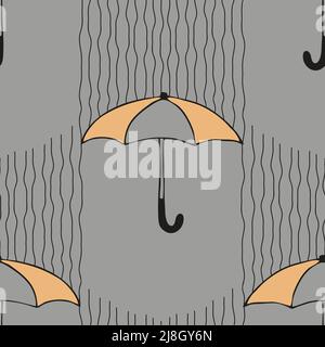 Seamless vector pattern with umbrellas on grey background. Simple rainy season wallpaper design. Modern decorative fashion textile. Stock Vector