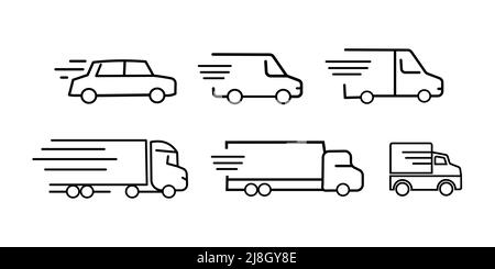 Truck icon. A set of truck icons. The icon of the car. Simple drawing of a truck. Fuel truck, open platform, refrigerator, industrial van. Stock Vector